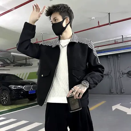 千鸟格拼接工装夹克男春季2024新款潮牌休闲翻领上衣宽松痞帅外套商品大图