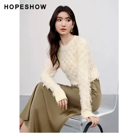 红袖设计感亮丝流苏套头针织衫hopeshow2024春季新款短款轻薄毛衣图片