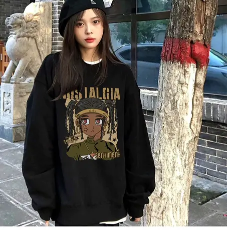 加绒加厚卫衣女圆领宽松慵懒风秋冬美式复古设计感小众情侣装上衣商品大图