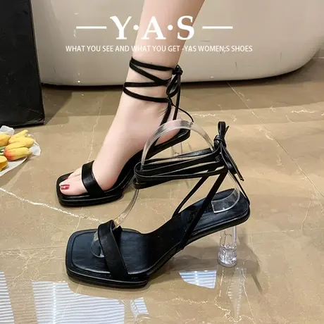 仙女风时尚爆款绑带凉鞋女2024年新款春夏季网红黑色粗跟高跟鞋商品大图