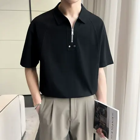 短袖POLO衫男夏季潮牌简约纯色高级感半袖T恤个性半拉链轻熟上衣商品大图