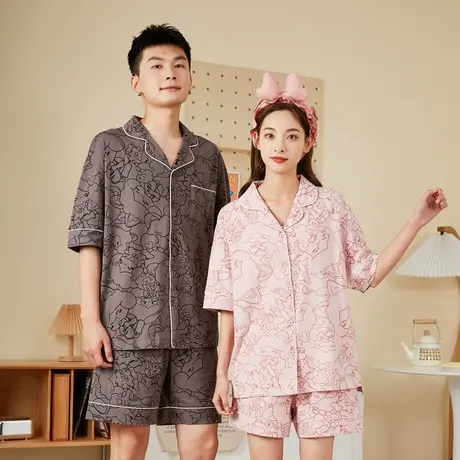 [犬系女孩]唐狮睡衣男女士新款夏情侣装棉翻领家居服网红风套装图片
