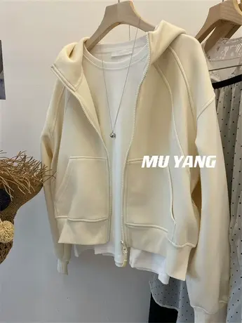 极简线条宽松蝙蝠袖拉链开衫连帽卫衣外套女春秋字母刺绣百搭上衣图片