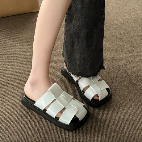 包头半拖鞋女2024夏季新款银色编织镂空大头厚底松糕跟罗马凉拖鞋商品大图