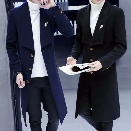 男士帅气韩版风衣秋冬加长款潮流毛呢子大衣冬装个性修身呢子外套图片