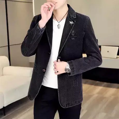 外套男士牛仔西服秋季潮流水洗复古牛仔衣褂子韩版帅气休闲小西装商品大图