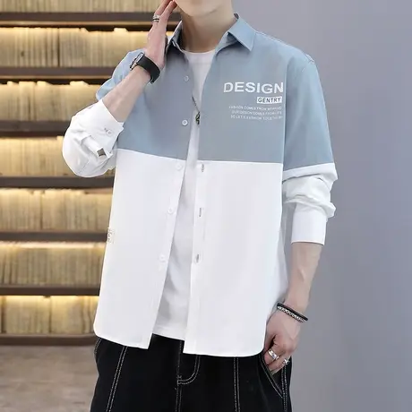 拼色长袖衬衫男春秋季休闲翻领上衣服夏季轻薄款男士百搭衬衣外套商品大图