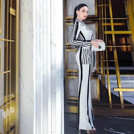 VJE春季拼接大翻领高腰口袋连体裤新款时尚条纹连身裤商品大图