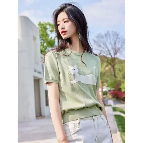 时尚气质小猫短袖针织衫2023年夏季新款淑女温柔甜美宽松显瘦上衣商品大图