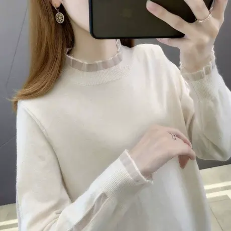 秋装2023年新款女蕾丝边圆领套头纯色长袖针织衫女宽松韩版毛衣女商品大图