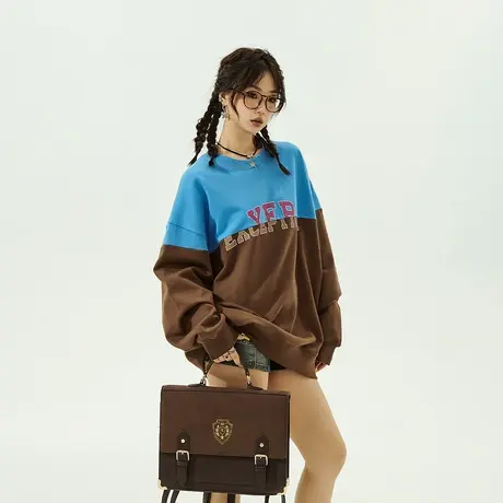 YEP拼接美式卫衣女春秋2023年新款宽松oversize外套无帽情侣上衣商品大图