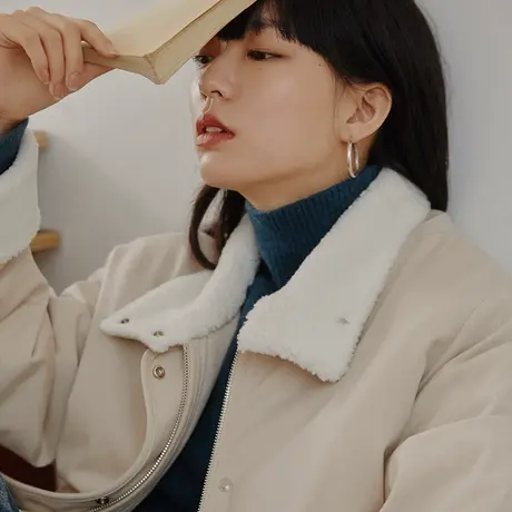 omont蛋挞家 复古拼接羊羔毛棉服外套女秋冬季小个子加厚加绒棉衣图片