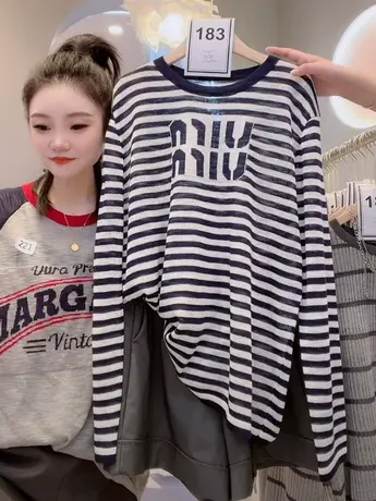 欧洲站撞色字母条纹防晒针织衫女夏宽松竹节亚麻长袖圆领百搭上衣商品大图