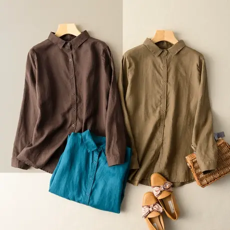 亚麻休闲衬衫女纯色长袖气质衬衣春秋百搭通勤上衣女2022秋季新款图片