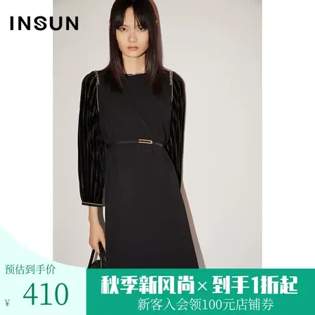 [手工钉珠]恩裳COVER初春秋拼接丝绒条纹袖假两件H型连衣裙图片