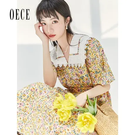 Oece2022夏装新款女装显白复古小碎花裙子中长蕾丝花边短袖连衣裙图片