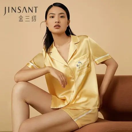金三塔100%桑蚕丝舒适口袋印花纯色女士真丝短袖短裤家居服套装图片