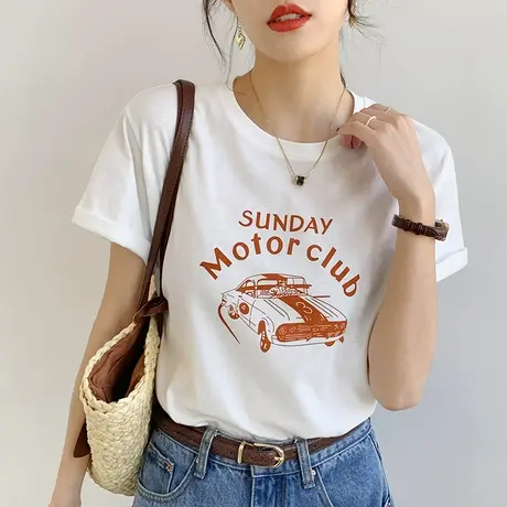 美式复古印花t恤女短袖2023年夏季新款纯棉宽松圆领正肩上衣ins潮商品大图