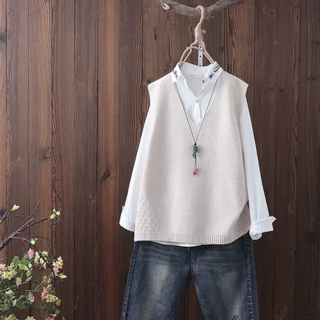 文艺范 V领套头无袖毛衣背心女宽松纯色马甲坎肩针织衫上衣秋冬季商品大图