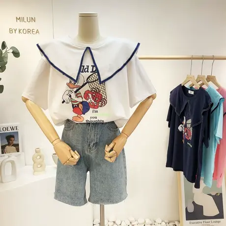 韩国东大门短袖2021夏季新款ins海军娃娃领休闲T恤复古甜美上衣潮商品大图