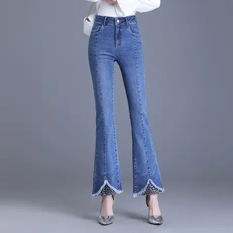 毛边牛仔喇叭裤女春秋2023新款高腰修身长裤通勤气质微喇休闲裤子商品大图