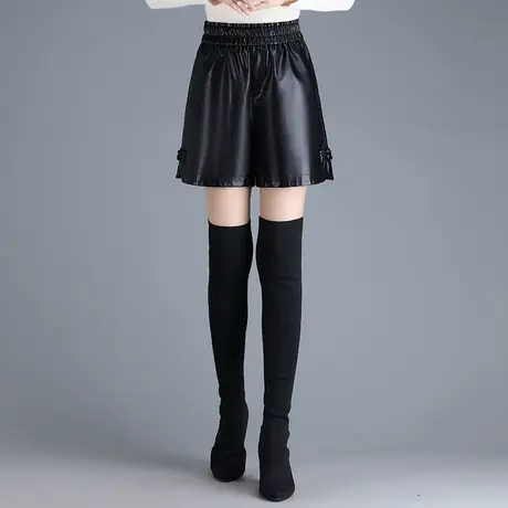 黑色PU皮短裤女秋季2023新款松紧腰宽松a字阔腿裤外穿休闲裤靴裤商品大图