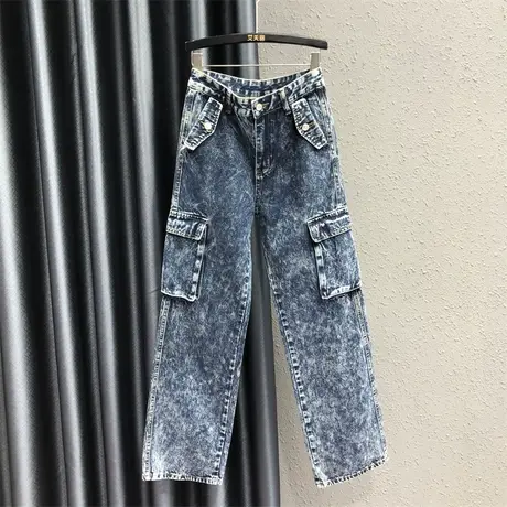 2023秋季新款美式复古做旧洗水街头风嘻哈工装裤高腰直筒牛仔裤女商品大图
