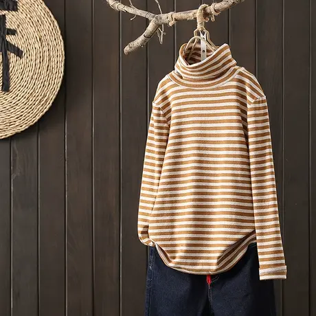 枫谜2020年秋冬新款文艺简约半高领条纹T恤女宽松休闲打底衫上衣商品大图