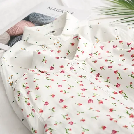 春秋日系文艺小清新碎花娃娃领双层纱打底衬衫女印花纯棉叠穿衬衣图片