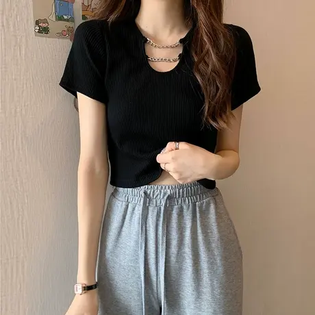 短款上衣服女装2023新款短袖t恤夏季设计感穿搭高腰甜辣妹风ins潮图片