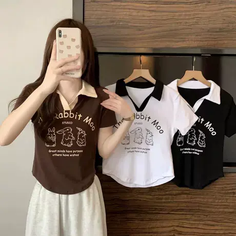 polo领刺绣t恤女短袖2023年夏季新款修身辣妹插肩袖正肩短款体恤商品大图