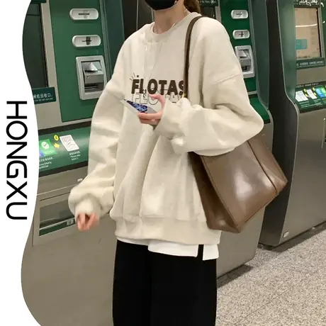 红续秋冬简约复古字母印花上衣女ins宽松显瘦百搭无帽卫衣加厚商品大图