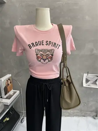 粉粉卡通虎头～修身字母短袖T恤女短款打底衫2022年春装新款上衣商品大图