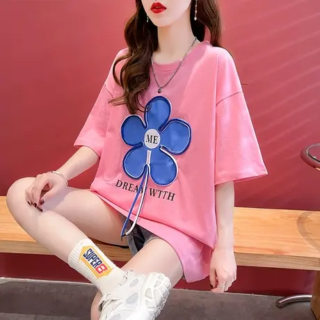 设计感小众短袖t恤女夏韩版宽松大码女装ins中长款下衣失踪上衣服图片
