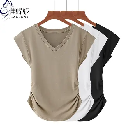 夏季新款V领修身下摆圆弧纯欲褶皱纯棉短袖体恤上衣内搭女打底衫图片