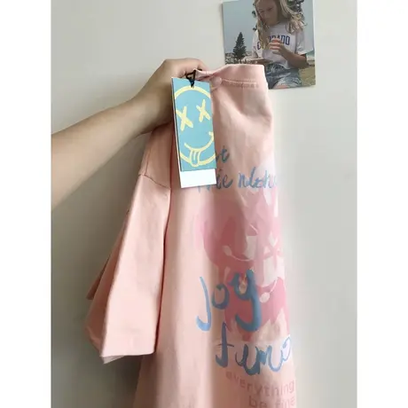 设计感甜美粉色t恤女大码oversize宽松短袖ins潮韩版纯棉上衣夏季商品大图