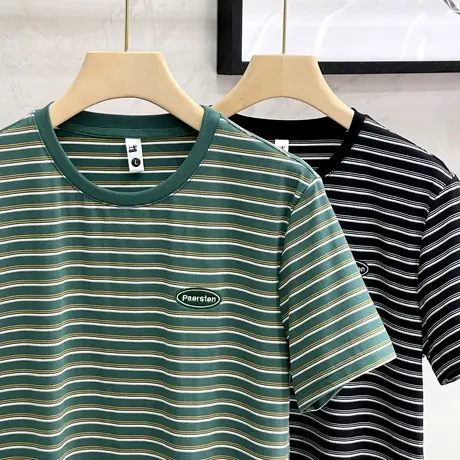 冰丝条纹短袖t恤男夏装上衣服圆领半袖潮修身韩版体恤夏天黑白条商品大图