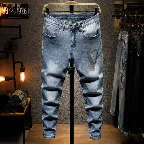 夏季浅色做旧牛仔裤男新款潮牌修身小脚裤韩版潮流时尚印花裤子男商品大图