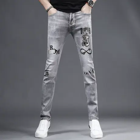 2023夏季新款烟灰色刺绣牛仔裤男款潮牌修身小脚潮流百搭休闲男裤商品大图