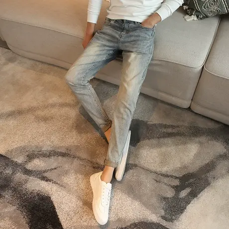 2023春装新款浅蓝色磨白做旧牛仔裤男韩版修身小脚裤青年百搭长裤商品大图