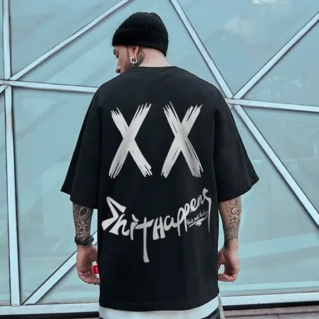 大码鬼脸男短袖t恤2023新款潮流国潮牌宽松笑脸国潮胖子五分袖夏图片