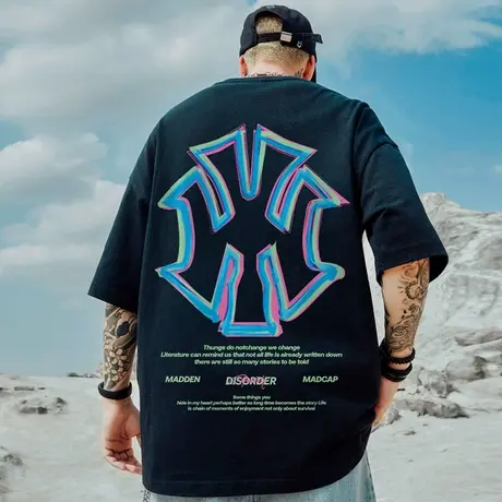 国潮胖子t恤潮流纯棉大码男装宽松加肥加大欧美潮牌半袖五分短袖商品大图