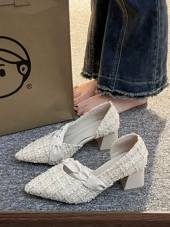 2023年春季新款网红浅口侧空晚晚温柔仙女风尖头小香风高跟单鞋女商品大图