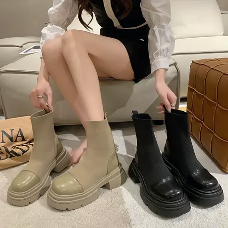 弹力布拼接袜靴女中筒靴2023秋季复古新款圆头粗跟英伦潮流瘦瘦靴图片