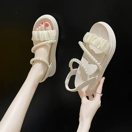 2023网红露趾凉鞋女夏季中跟时尚网纱珍珠厚底女鞋配裙子罗马鞋子商品大图