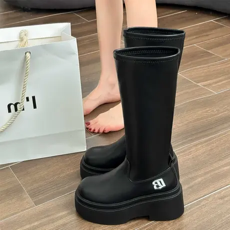 松糕厚底长筒靴子女2023新款瘦瘦长靴增高中筒骑士短靴女春秋单靴图片