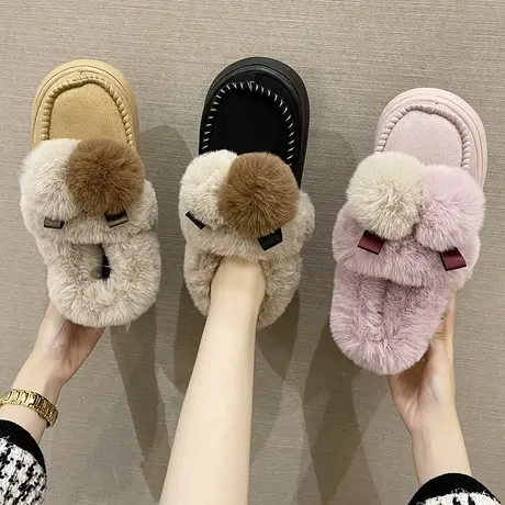 棉拖鞋女冬季可爱毛球加厚毛绒保暖室内外穿厚底增高包跟居家棉鞋商品大图