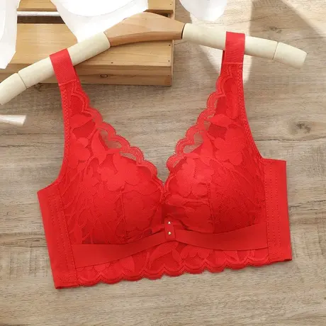 红色本命年内衣女小胸聚拢收副乳大红文胸无钢圈厚款蕾丝胸罩品牌商品大图