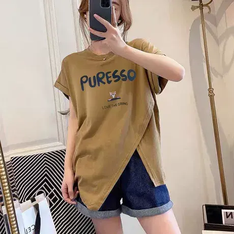 夏季新款大码短袖t恤女装开叉宽松不规则体恤ins潮200斤上衣胖mm商品大图