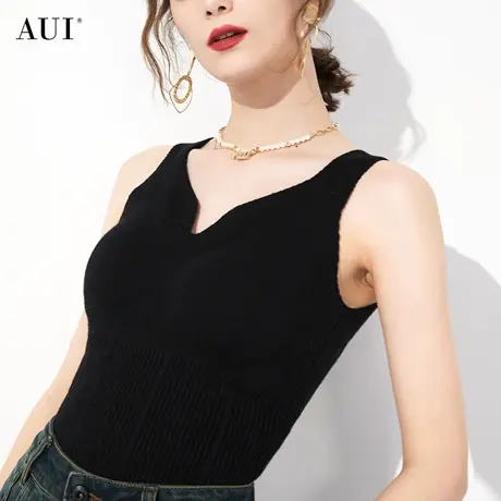 AUI黑色名媛风气质性感百搭背心女2024秋冬新款高级感修身V领上衣图片